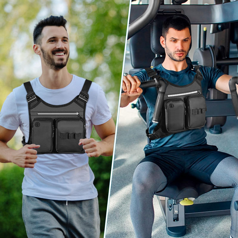 Chest Bag for Men, Waterproof Sports Utility Chest Pack with Water Bottle Holder&Phone Holder, Lightweight&Adjustable EDC Sports Chest Bag for Workout Running Fishing Cycling Hiking Skiing Black