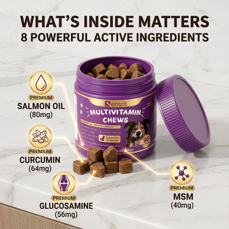 8-in-1 Dog Multivitamin - 90 Soft Chews, Chicken Flavor - Glucosamine, MSM, Chondroitin & Salmon Oil - Support Joint, Immune, Skin & Coat, Digestion for All Ages & Breeds Dogs.