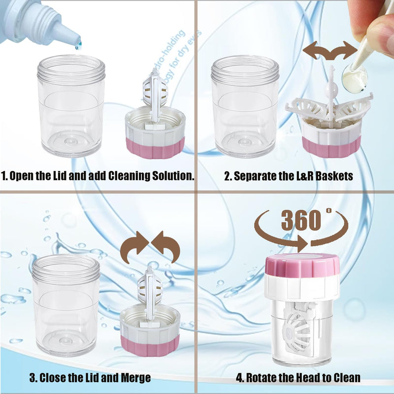 Contact Lens Case Kit with Cleaner Washer, Contact Lenses Applicator Removal Tool Kit with Mirror Solution Bottle for Daily and Outdoor Use(Pink) Pink
