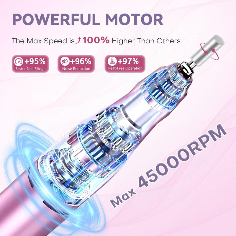 TUOBEO Nail Drill Electric Nail File Kit 45000 RPM Professional Efile Nail Set,Cordless Portable Rechargeable Acrylic Gel Nail Polish Remover Machine Pedicure Manicure Tool with 11 Bits for Salon Home Pink Purple
