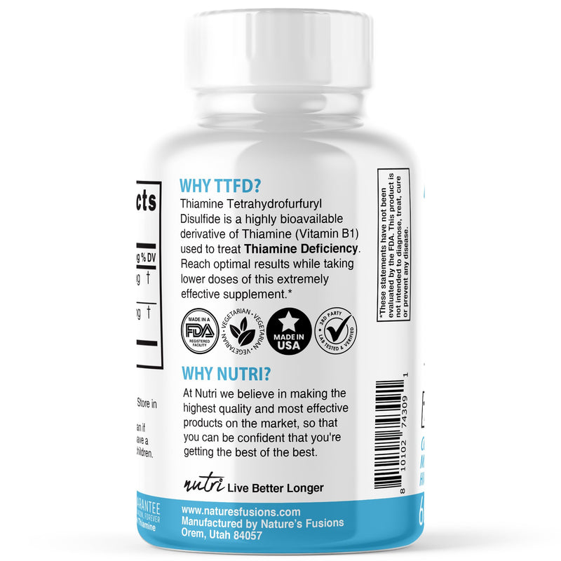 Nature's Fusions TTFD Thiamine B1 Supplement - 100mg 60 Servings - with 8mg Magnesium - No Toxic Fillers - TTFD Thiamine Tetrahydrofurfuryl Disulfide - Third Party Lab Tested - Nutri Supplements 60 Count (Pack of 1)