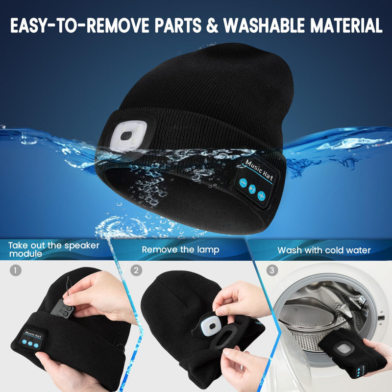 VIBELITE Bluetooth Beanie Hat with Light, USB Rechargeable LED Headlamp with Wireless Headphones, Gifts for Men, Him, Husband, Boyfriend, Dad Gifts for Dad, Husband, Father, Black Music Led Hat - BeesActive Australia