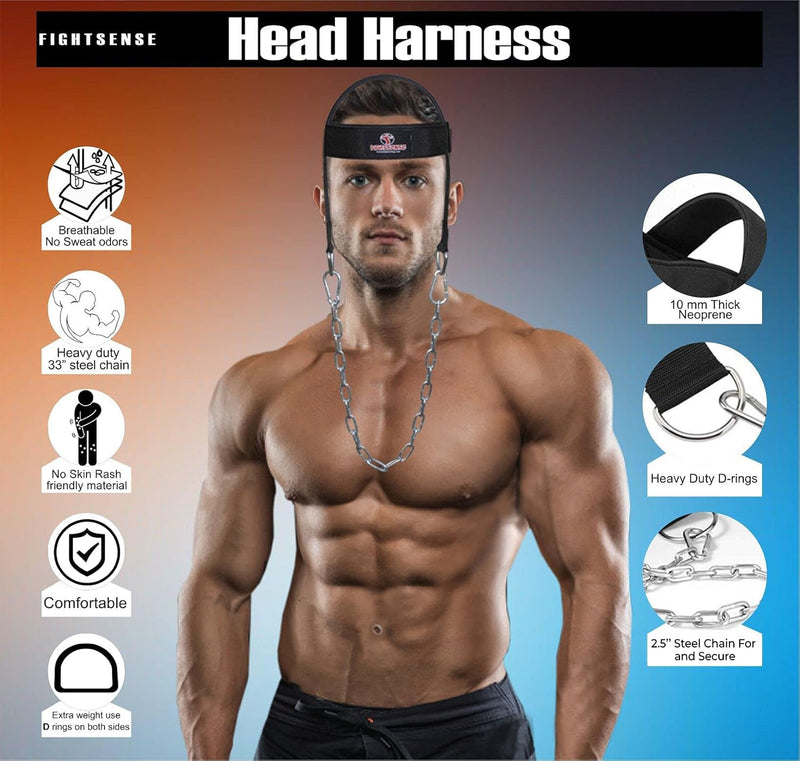 Fightsense Neck Harness Adjustable Padded Strap with Steel Chain, Weight Lifting Head Harness for Neck Exercise in Home & Gym Black S