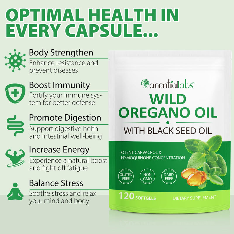 Organic Oil of Oregano Capsules with Black Seed Oil, 6000mg Oregano Oil & 200mg Black Seed Oil per Serving, Immune Support, Non-GMO, Gluten Free, 120 Softgels - BeesActive Australia