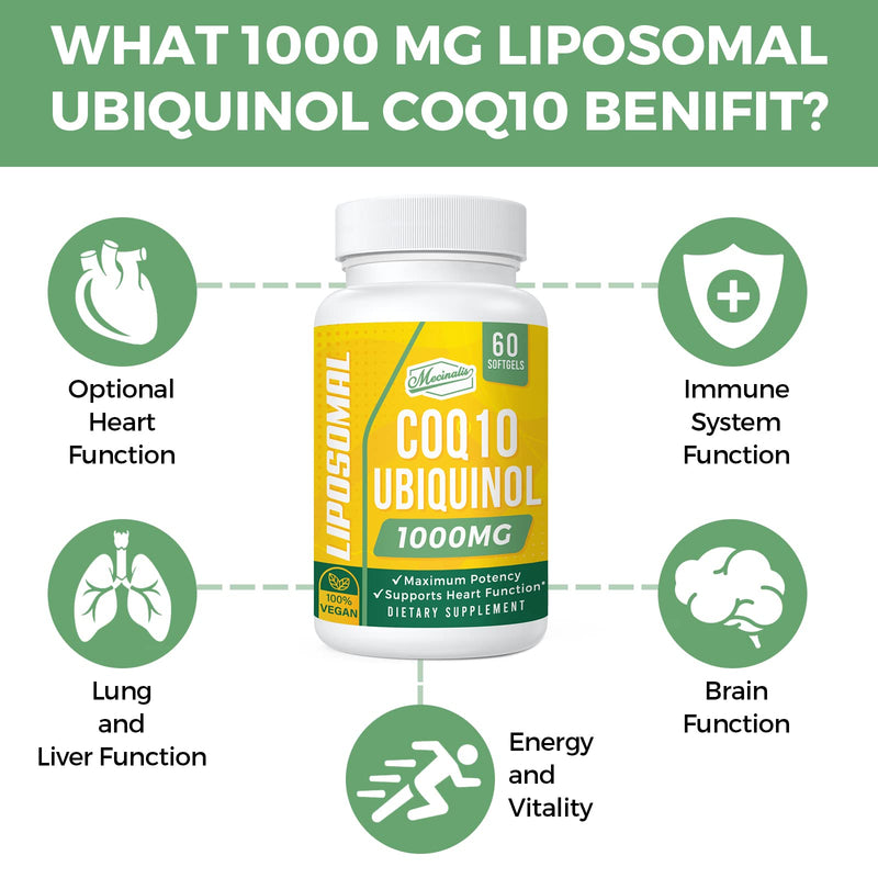 1000mg Liposomal CoQ10 Softgels | Better Absorption CoQ10 Ubiquinol Supplement | Heart Function & Energy Production | Active Antioxidant Form of Vegan Coenzyme Q10 | Non-GMO | 240 Softgels 60 Count (Pack of 4)