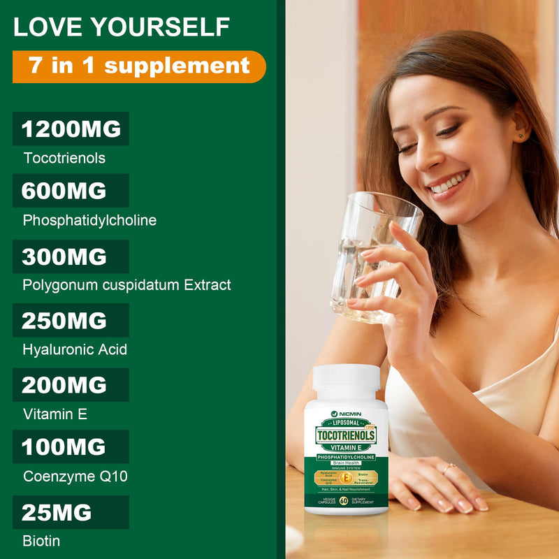 1200MG Vitamin E Tocotrienols Liposomal Tocotrienols Supplement with Phosphatidylcholine, 95% Delta-tocotrienols and 5% Gamma-tocotrienols, High Absorption for Heart, Brain Function 180 Capsules
