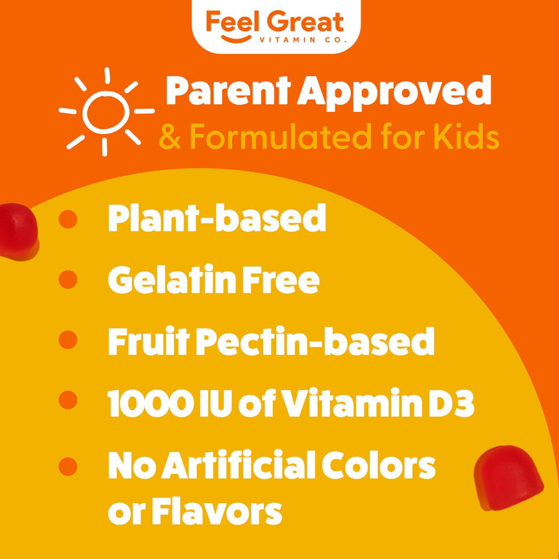 Feel Great Kids Vitamin D3 1000 IU Gummies, Bone & Immune Support, 90ct | Vitamin D3 for Immune & Bone Support, Citrus Flavor, Vegetarian Gummy, Year-Round Sunshine Nutrient Kids Vitamin D 90