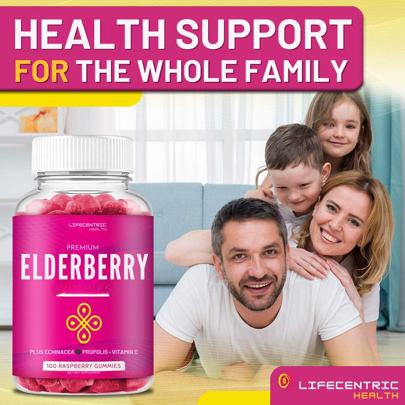 LifeCentric Health Elderberry Gummies for Kids & Adults Plus Vitamin C, Propolis & Echinacea Delicious Raspberry Gummy