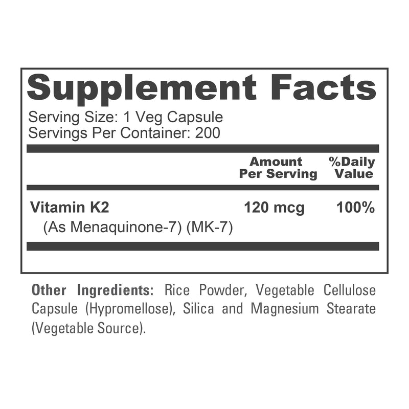 NusaPure Vitamin K2 MK7 120 mcg 200 Veggie Caps (Soy Free, Non-GMO, Vegan) (Pack of 2) 200 Count (Pack of 2)