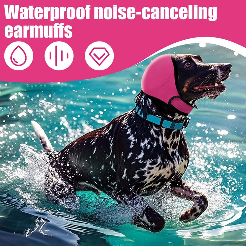 Dog Ear Defender, Waterproof Adjustable Dogs Head Cover Noise Cancelling Windproof Pet Calming Hood for Summer Bathing Water Play Protection Rose Red S