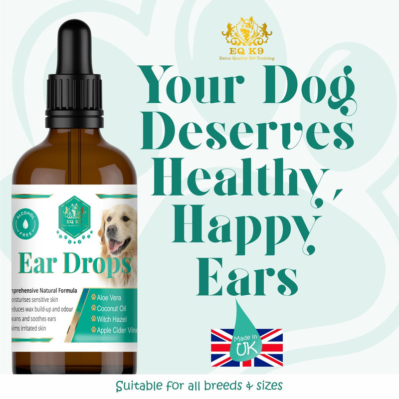 EQ K9 Dog Ear Drops – Natural Ear Cleaner for Dogs, Soothes Itchy Ears, Removes Wax & Odour, Gentle Non-Sting Formula with Aloe Vera, Witch Hazel & Coconut Oil – 100ml