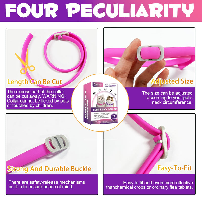 Tick flea collar for cats, 4 pieces against larvae and eggs - eliminates and kills - protects the animal and the habitat, effective protection for 24 months, adjustable and waterproof