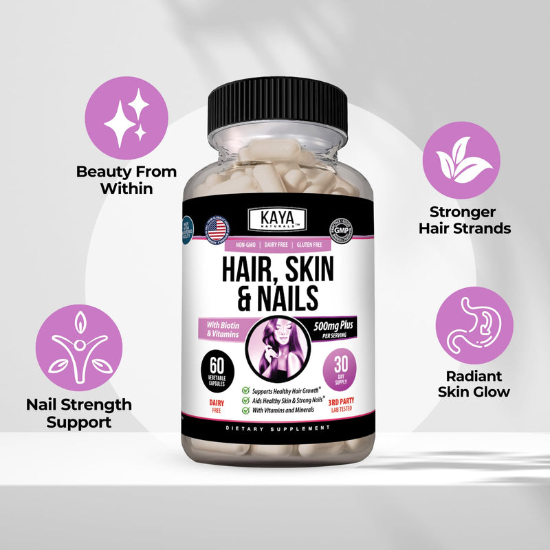 Kaya Naturals Hair Skin Nail Capsules, 60 Count | Biotin, Vitamin D, Vitamin B-12, Vitamin A, Folic Acid 60 Count (Pack of 1)