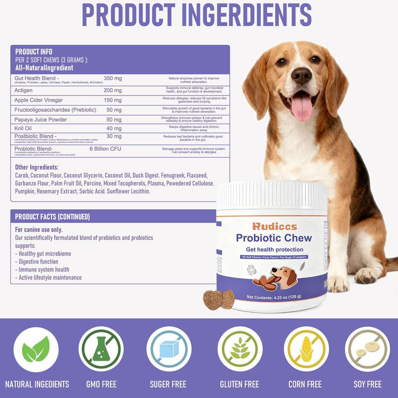 Dog Probiotics Probiotics for Dogs - Digestive Enzymes for Gut Flora, Digestive Health, Diarrhea & Bowel Support - Dog Supplement Soft Chew for Pet Immune System -（40ct ） (4.24 OZ) 4.24 OZ