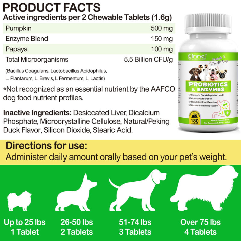 Dog Probiotics for Gut Health, Probiotics for Dogs, Canine Supplements for Digestive and Immunity Support, Gut Health,Yeast Balance, Dog Probiotic and Enzyme Tablets (180 Count)