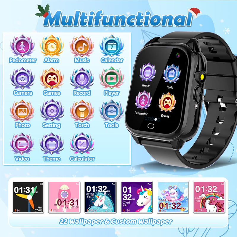 Waterproof Kids Smart Watch for 3-12 Years Old Boys Girls Toys with 26 Game Video Camera Pedometer Music Player Alarm Clock Calculator 1.44'' HD Touchscreen Electronic Learning Toys Birthdays Gifts 1.Black - BeesActive Australia