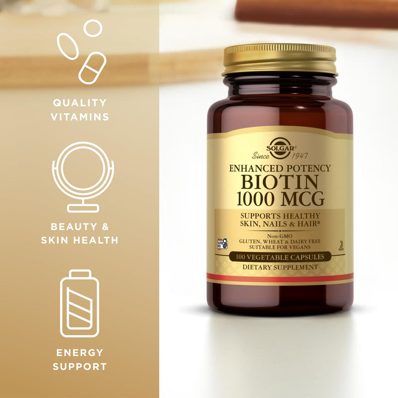 Solgar Biotin 1000 mcg - 100 Vegetable Capsules - Supports Healthy Skin, Nails & Hair - Non-GMO, Vegan, Gluten Free, Dairy Free, Kosher - 100 Servings (Pack of 2) 100 Count (Pack of 2)