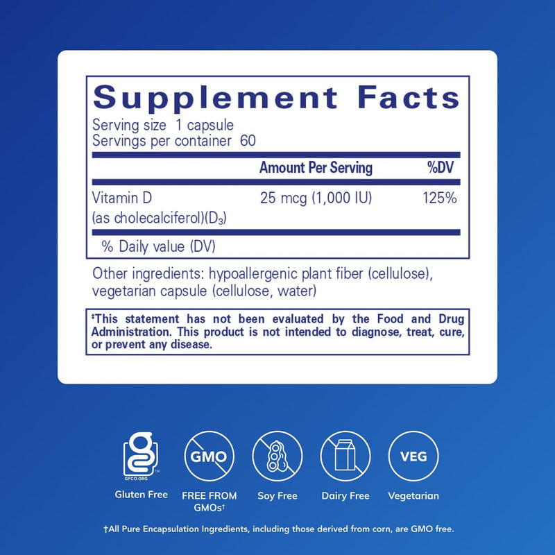 Pure Encapsulations Vitamin D3 25 mcg (1,000 IU), 60 Capsules | Supplement to Support Bone, Joint, Breast, Heart, Colon and Immune Health*, with Premium Vitamin D 60 Count (Pack of 1)