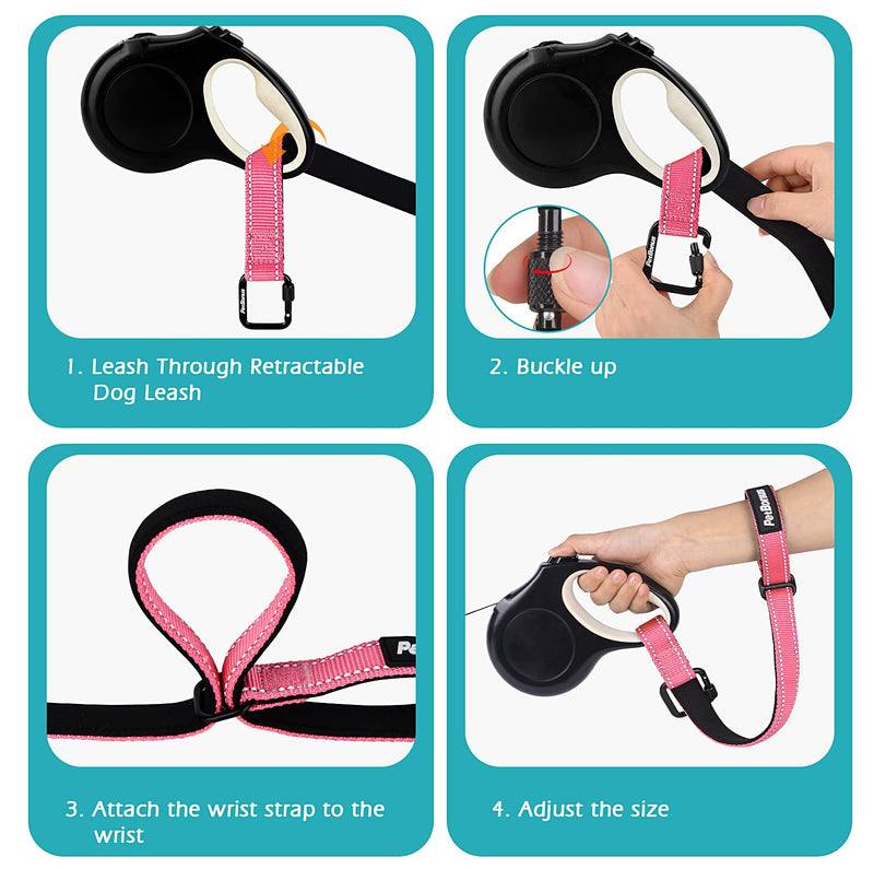 PetBonus Dog Leash Wrist Strap, Safety Strap for Retractable Leash, Lockable Reflective Short Dog Walking Lead with Adjustable Soft Padded Handle, Extra Layer Security for Pet Stroller (Pink) Pink 1 Pack - BeesActive Australia