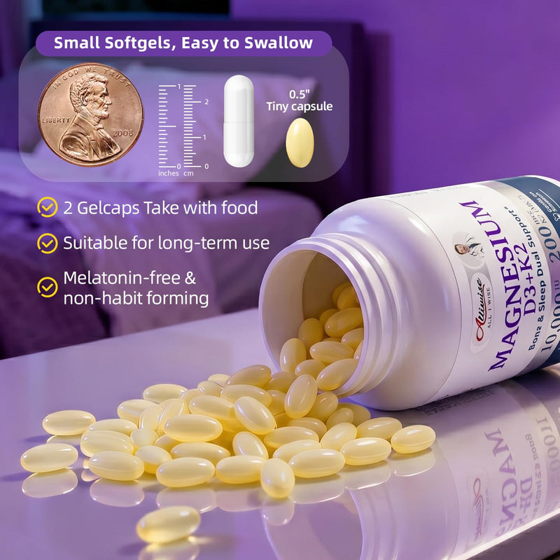 Magnesium Softgels with 10000IU Vitamin D3 + 200mcg K2 MK-7, 2Pack | Easy to Swallow high absorption Magnesium Small Pills, Support Daily Calcium, Sleep, Immune Health for Women/men 120 Count (Pack of 2)