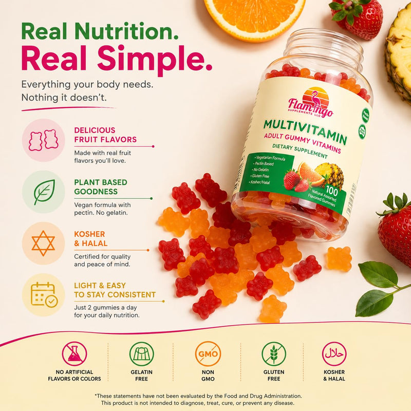 Flamingo Supplements Multivitamin Gummies | Vegan Friendly, Kosher Halal NO Gluten or Gelatin, no GMO| for Men, Women & Kids| 3 Natural Flavors | Vitamins C, B3, B12, Biotin, Zinc & More| 100 Gummies