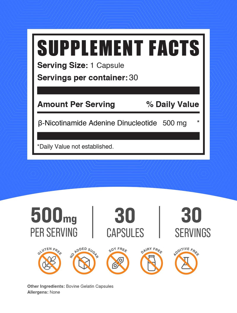 BulkSupplements.com NAD Capsules - Nicotinamide Adenine Dinucleotide, NAD Supplement 500mg - for Energy Support, Pure & Gluten Free, 1 Capsule per Serving, 30 Capsules (Pack of 1)