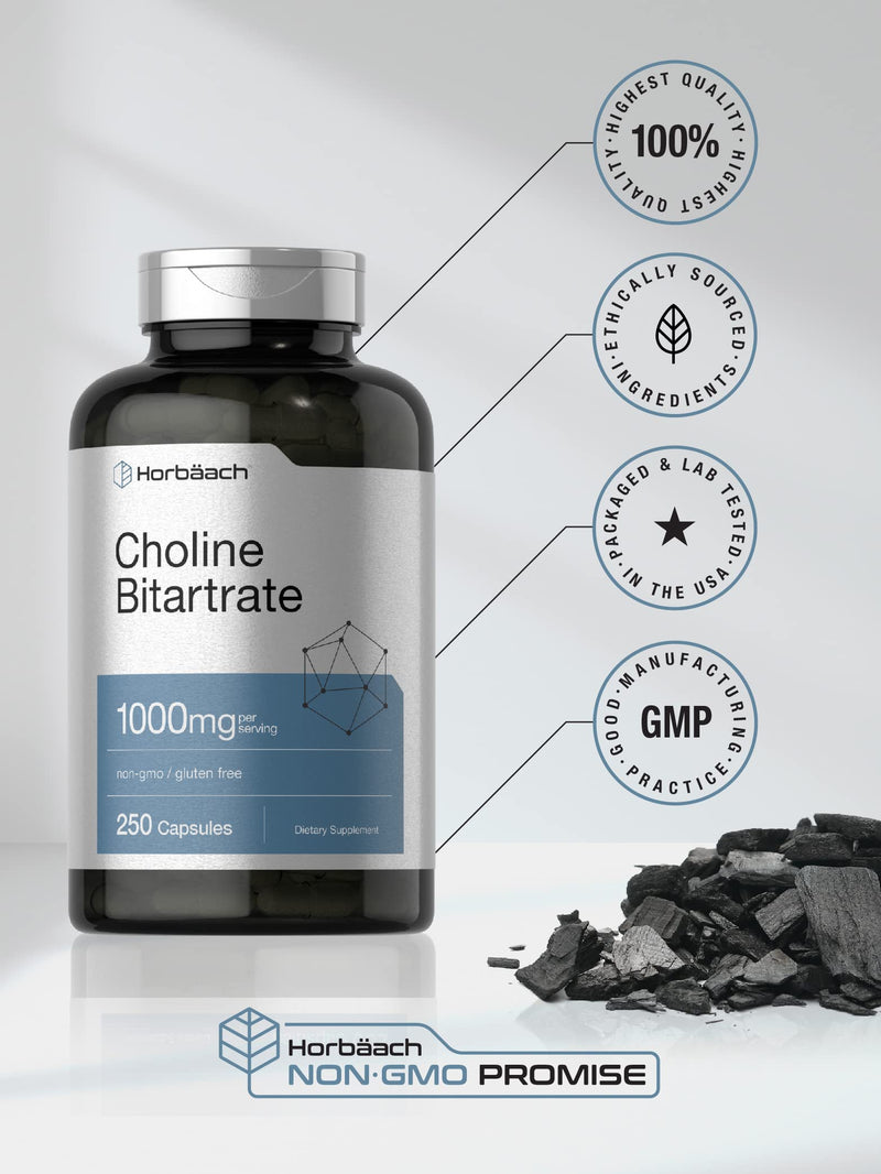 Horbaach Choline Bitartrate Supplement | 1000mg | 250 Capsules | High Potency | Non-GMO, Gluten Free