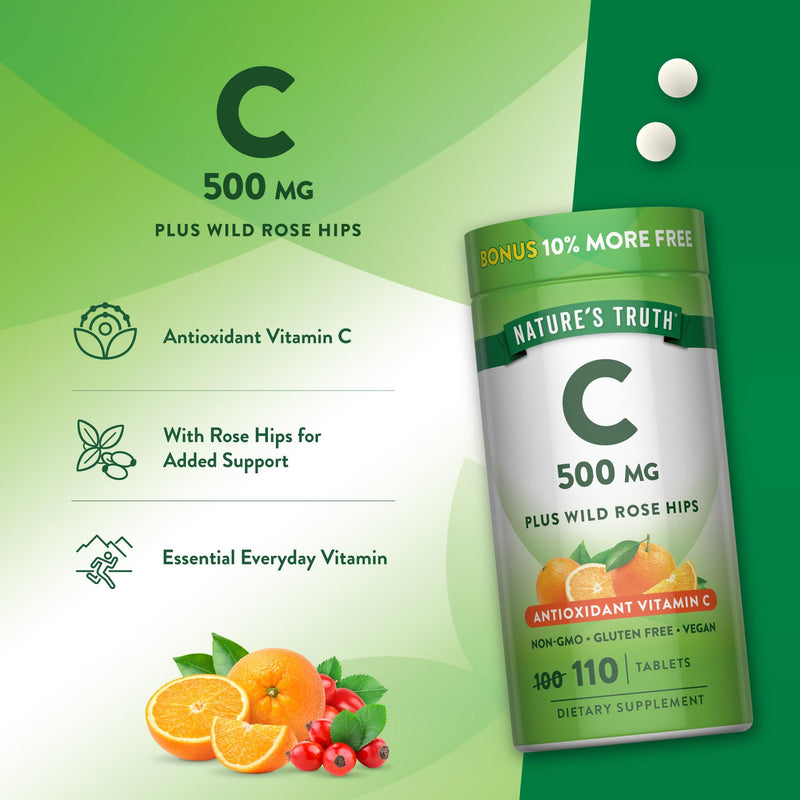 Nature's Truth Vitamin C with Rose Hips 500 mg | 110 Tablets | Vegan, Non-GMO & Gluten Free Supplement | Vegan, Non-GMO & Gluten Free Supplement