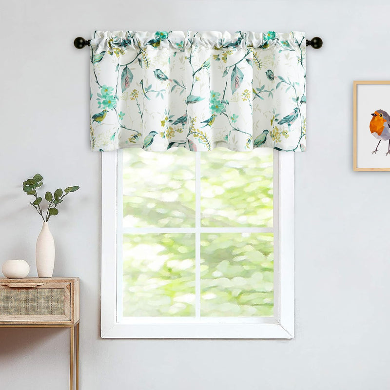 Leeva Birds Vines Printed Curtains Valance for Kitchen Bath Laundry Bedroom Living Room, Rod Pocket Semi-Blackout Valances for Windows, 52 x 18 Inch, Green Birds, One Panel 52"W x 18"L | One Panel - BeesActive Australia