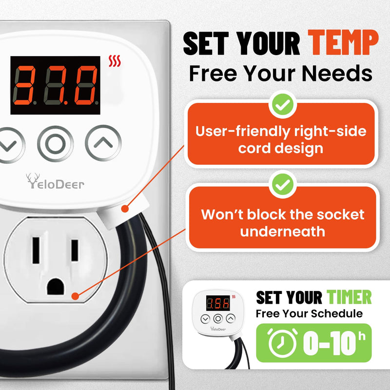 Digital Temperature Controller Outlet, Plug in Thermostat Switch 34-140°F, Timer Range 0h-10h,for Pipe Heating Reptile Greenhouse Aquarium Brewing Seedling Breeding and Hatching 110-120V 10A - BeesActive Australia