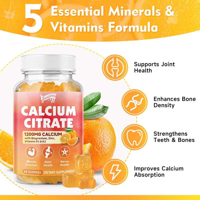 Calcium Citrate Gummies 1200 mg with Vitamin D3, K2, Magnesium, Zinc, Bone Support for Bones, Muscles & Joints,Immunity & Memory Support, 60 Count 1 Pack