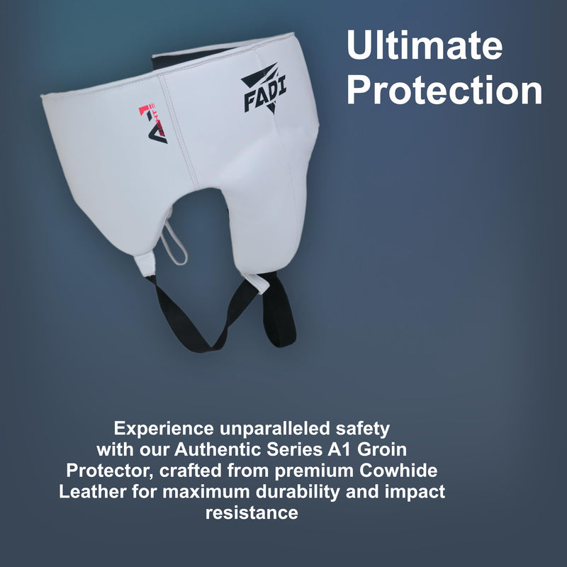 Authentic Series A1 Cowhide Leather Groin Protector - Groin Guard with Protective Cup for Boxing, Muay Thai, Kickboxing, MMA Training, Karate, Taekwondo White Medium - BeesActive Australia