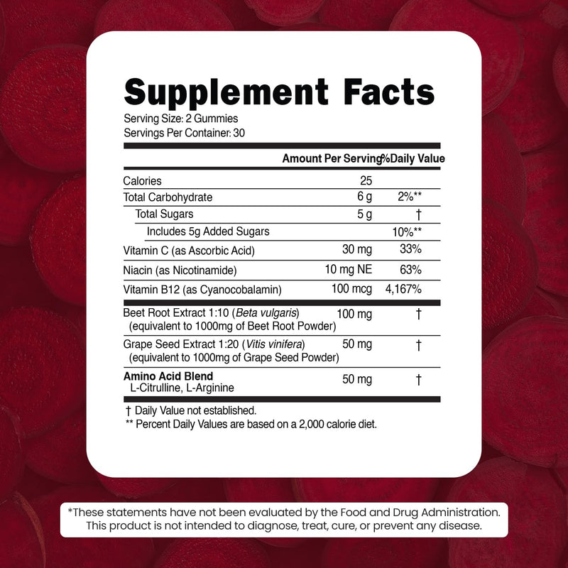 Beet Root Gummies w Grape Seed - Vitamin C, B12, L-Arginine & L-Citrulline | for Circulation Flow & Heart Healthy Energy - Pomegranate Flavor, 60 Count Potent