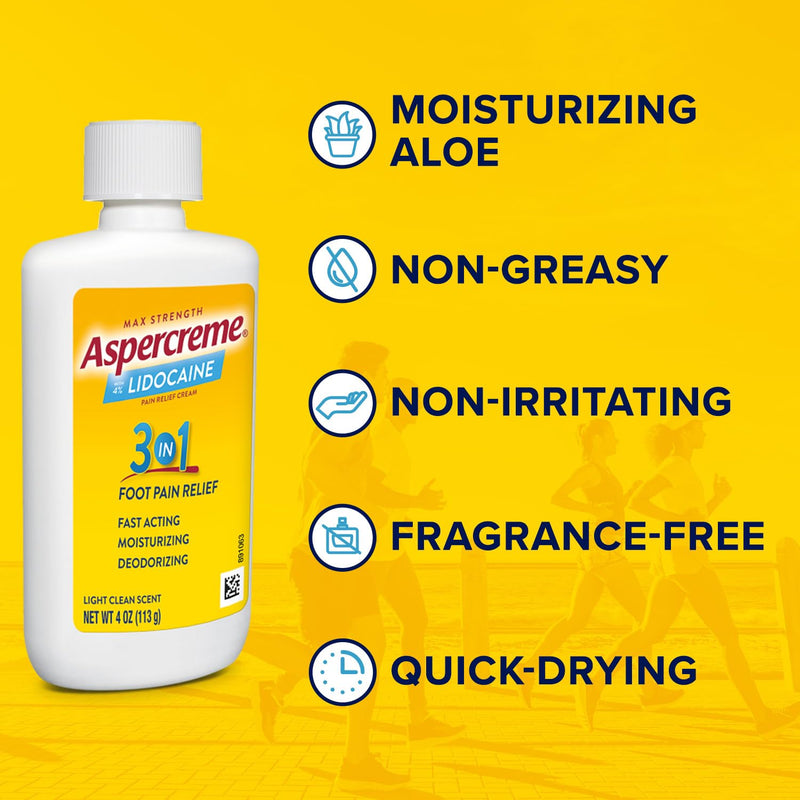 Aspercreme Lidocaine Foot Pain Relief Cream Soothes Aggravated Nerves & Moisturizes Dry Feet, Numbing Topical Analgesic with Max-Strength Lidocaine & Moisturizing Aloe, 4 Oz. 4 Ounce (Pack of 1) - BeesActive Australia
