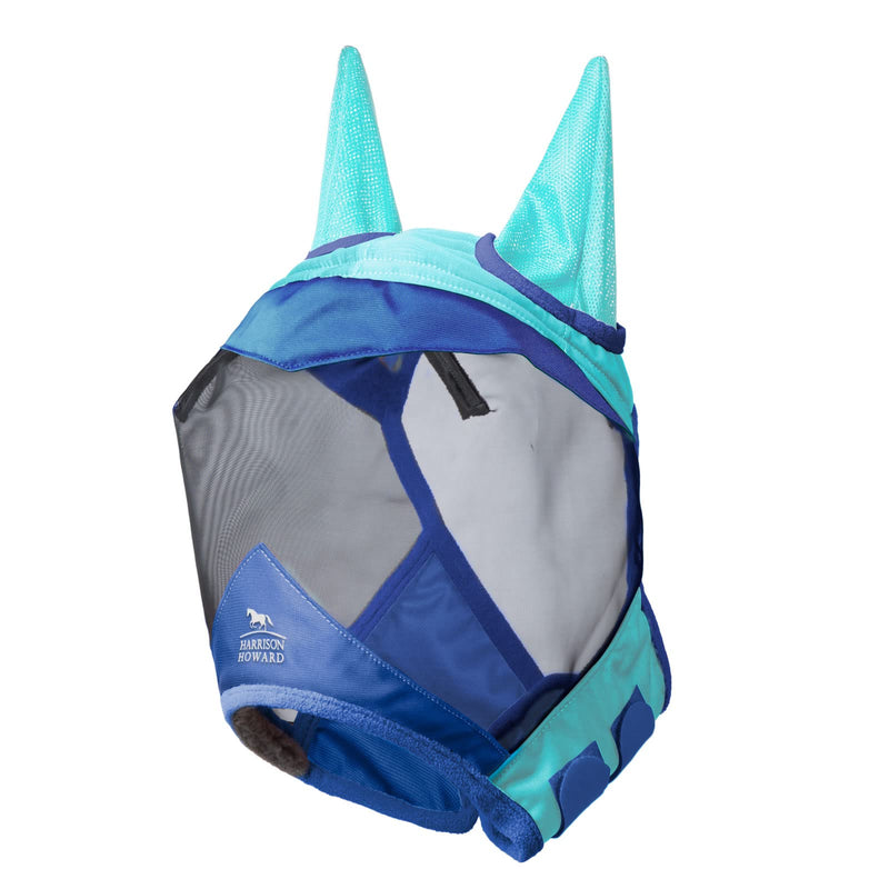 Harrison Howard Luxe Dual-Tone Horse Fly Mask Half Face with Ears Fully Visible UV-Blocking Fine Mesh Soft Fleece Edging for Extra Comfort Summer Mint/Navy M Cob Cob (Medium) - BeesActive Australia
