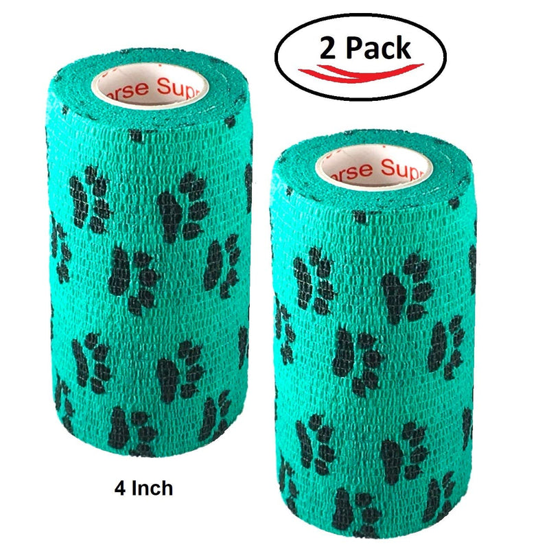 Vet Wrap Wrap Tape (Teal with Paw Prints) (2 Pack) (2 Inch x 15 feet) Self Adhesive Adherent Adhering Cohesive Flex Self Stick Bandage Grip Roll Dog Cat Pet Horse 2 Inch 2 PACK Teal With Black Paws - BeesActive Australia