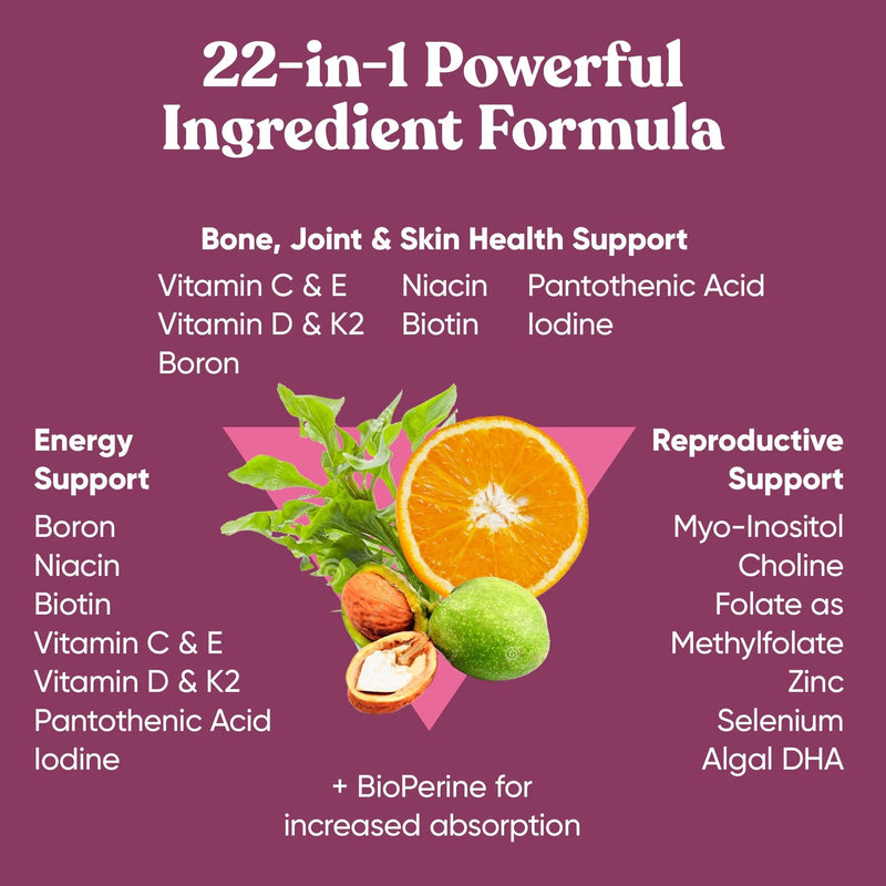 Multivitamin for Women, 22 Vitamins with Iron & DHA, 60 Veg Capsules | Vitamins for Immunity, Beauty, Brain, Energy, Bones and Heart - Vitamin C, D, E, K, Iron, B6 and DHA -