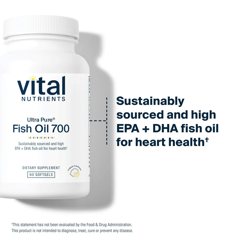 Vital Nutrients Ultra Pure Fish Oil 700 - Supports Heart, Brain, and Joint Health* - Sustainably Sourced High EPA & DHA Omega-3 Fatty Acid - Lemon Flavor - Gluten, Dairy & Soy Free - 60 Softgels 60 Count (Pack of 1)