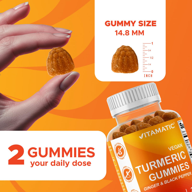 Vitamatic Vegan Turmeric Gummies with Ginger & Black Pepper, 60 Count | 95% Curcuminoids and piperine, Supports Inflammatory & Antioxidant Activity*, Natural Peach Flavor, Gluten Free, Non-GMO