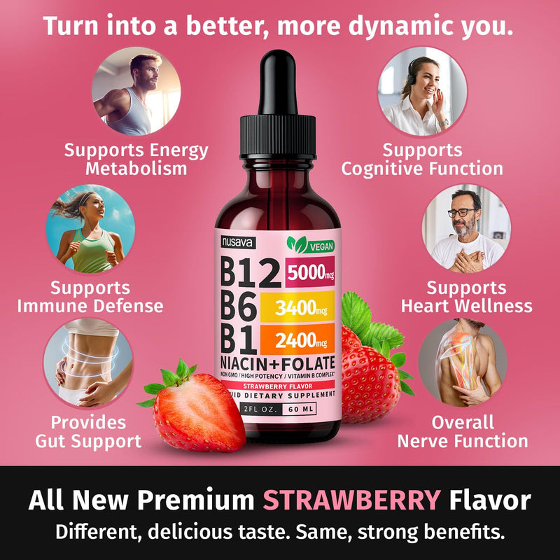 NUSAVA (4 Pack) Vitamin B12 Liquid Drops 5000mcg - B12 Sublingual with B6 & Vitamin B Complex - Methylcobalamin B12 Drops for Women & Men -Vegan Supplement, Non-GMO, Strawberry (2 Fl Oz, 160 Servings) 2 Fl Oz (Pack of 4)