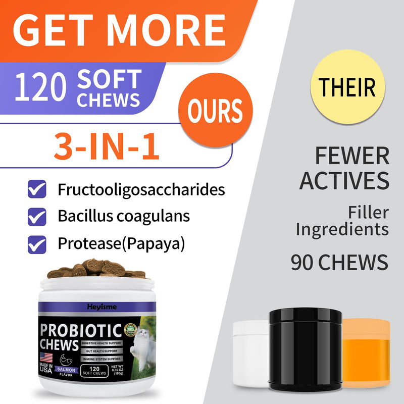 Cat Probiotic, Chews for Gut and Immune Health, Cats Probiotic Supplement for Cat Digestive Support, Healthy Digestion, Cat Constipation and Diarrhea Relief (120 Pills, Salmon) 120 Pills