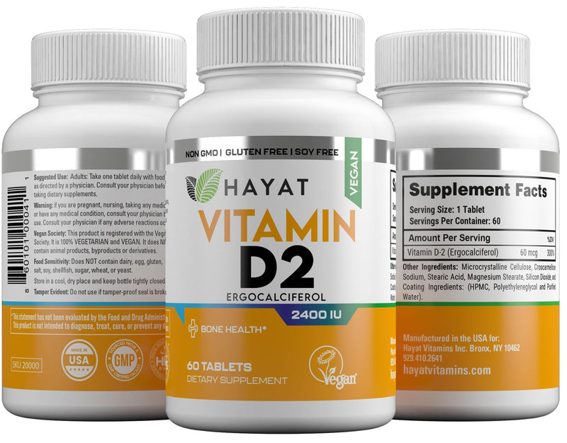 HAYAT Vitamins Vegan Vitamin D2 2400 IU (60 MCG), Dietary Supplement for Bone, Teeth, Muscle and Immune Health Support, 2 Month Supply, All Natural, Certified Halal, 60 Tablets, Made in The USA
