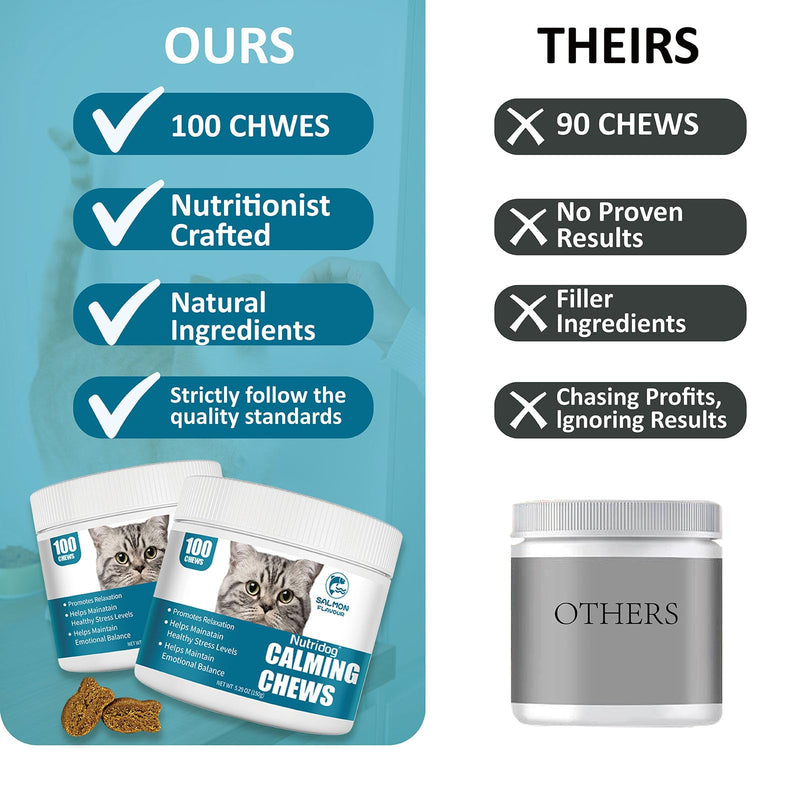Cat Calming Treats - 100 Count Salmon Chews with Organic Chamomile & Ginger, Stress Relief Supplement for Separation Anxiety, Vet Visits & Thunderstorms (Salmon)