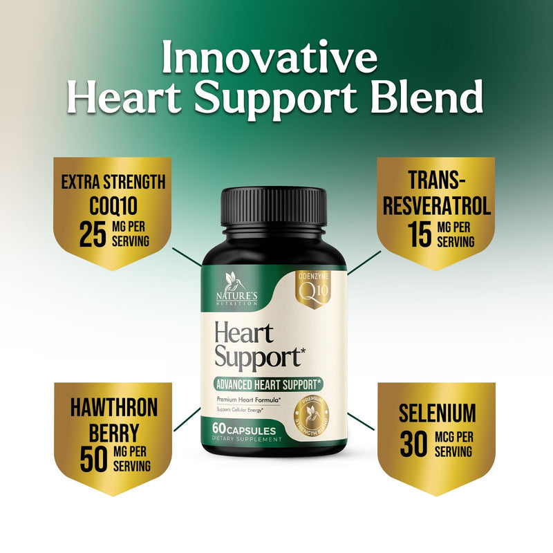 Heart Health Supplement – Complete Heart Support Formula for Women & Men - with CoQ10, B Vitamins, L-Arginine, Hawthorn, Resveratrol - Natural Nitric Oxide Energy Production - Made USA – 60 Capsules 60 Count (Pack of 1)