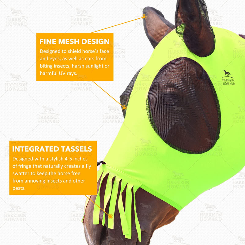 Harrison Howard Superior Comfort Breathable Fly Masks Soft on Skin with Tassels Natural Nose Swatter Full Size (Large) Tassel Fringe-Fluro-Lime - BeesActive Australia