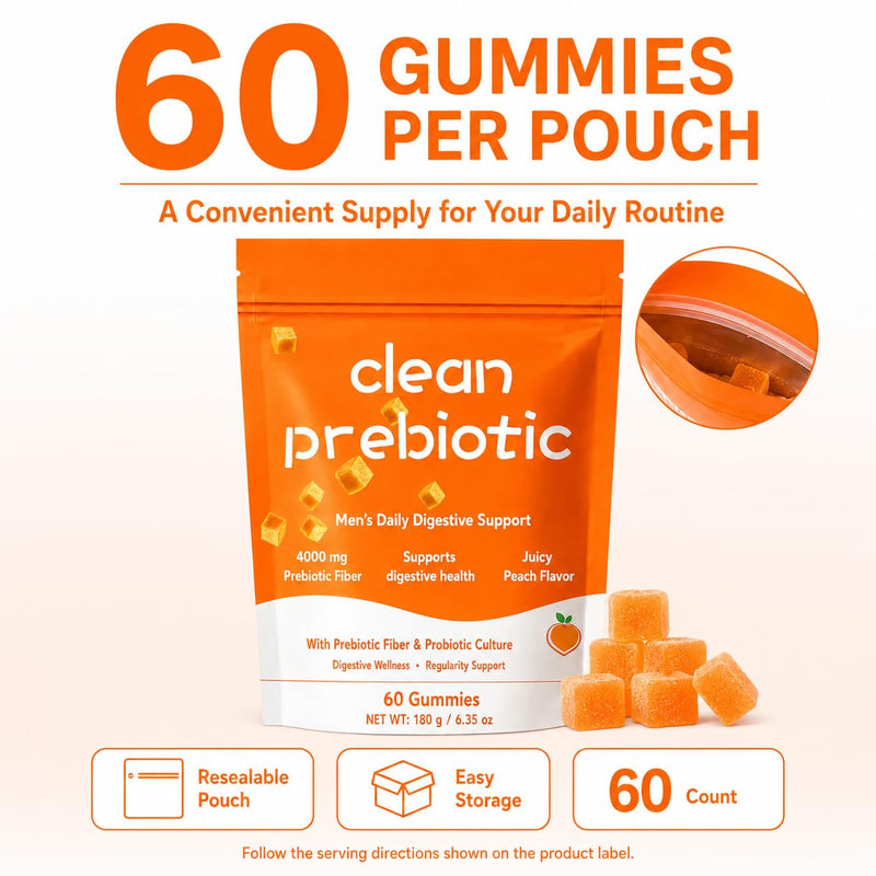 Clean Prebiotic Fiber Gummies for Men | Peach Flavored , Digestive Wellness , 60 Count