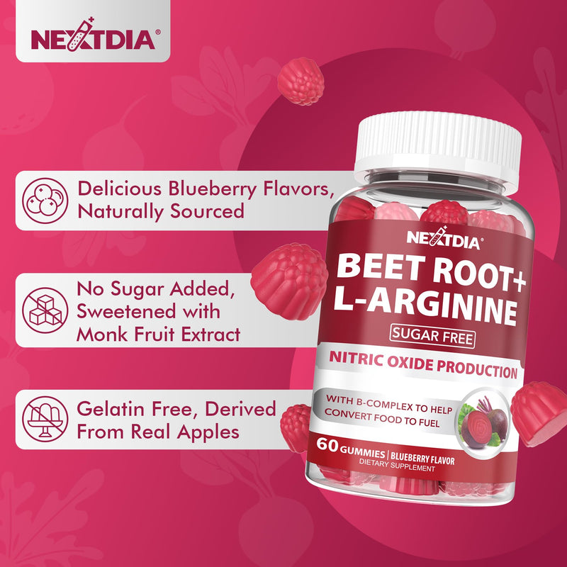 Beet Root Gummies 1200mg with L-Arginine, B1, B2, B3, B5, B6, Folate, B12 | Sugar Free 9 IN 1 Nitric Oxide Beetroot Gummies for Circulation, Energy Boost, Blood Flow, 60 Beets Chews, No-GMO, Vegan 60 Count (Pack of 1)