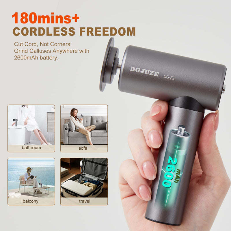 Premium Electric Foot Callus Remover, Ergonomic T-Grip 2600mAh Rechargeable 3-Speeds All Metal Foot File for Dead Skin Cracked Heels Pedicure kit at Home with 60pcs Sandpaper Pads Grey