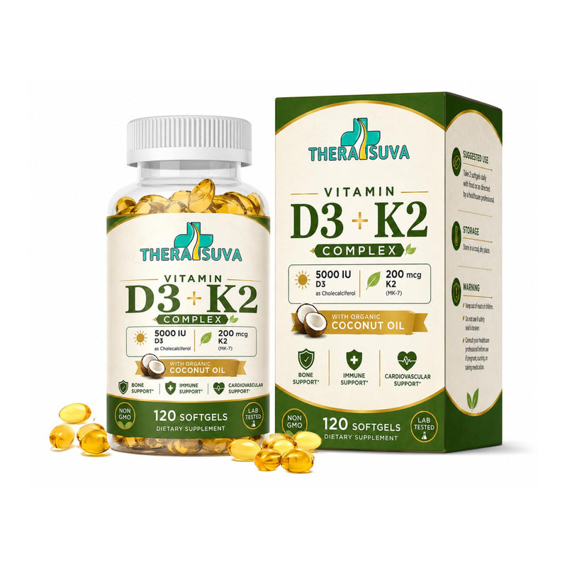 TheraSuva High Potency Vitamin D3 5,000 IU + K2 – Vegan, Non-GMO, with Organic Coconut Oil for Better Absorption – Bone & Heart Support, 2 Month Supply, 120 Softgels
