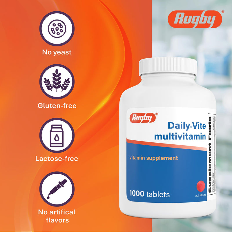 Rugby Daily-Vite Multivitamin Tablets for Adults, 1000 Count (1 Pack) | Gluten-Free Daily Dietary Supplement, Supports Overall Health, Multivitamin Formula with Essential Nutrients